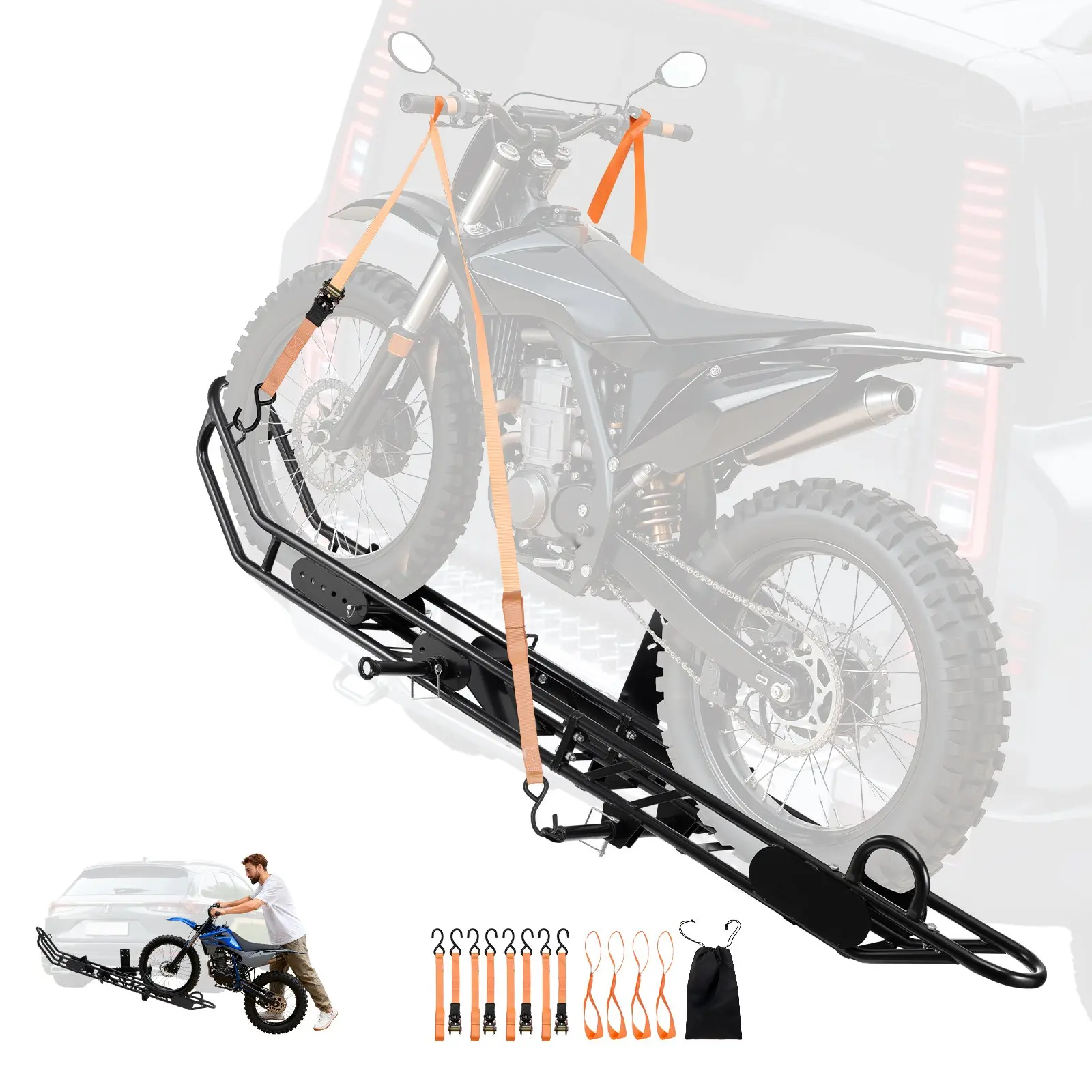 【Summerfinds】VEVOR Heavy Duty Carbon Steel Motorcycle Carrier, 500 lbs Capacity 2-Inch Hitch Mount Rack with Anti-Tilt Lock Device, Complete Accessories, 2115x910x365 mm (83.3x35.8x14.4 in), 70.55 lbs for Cars & Trucks, Fits E-Bikes & Scooters