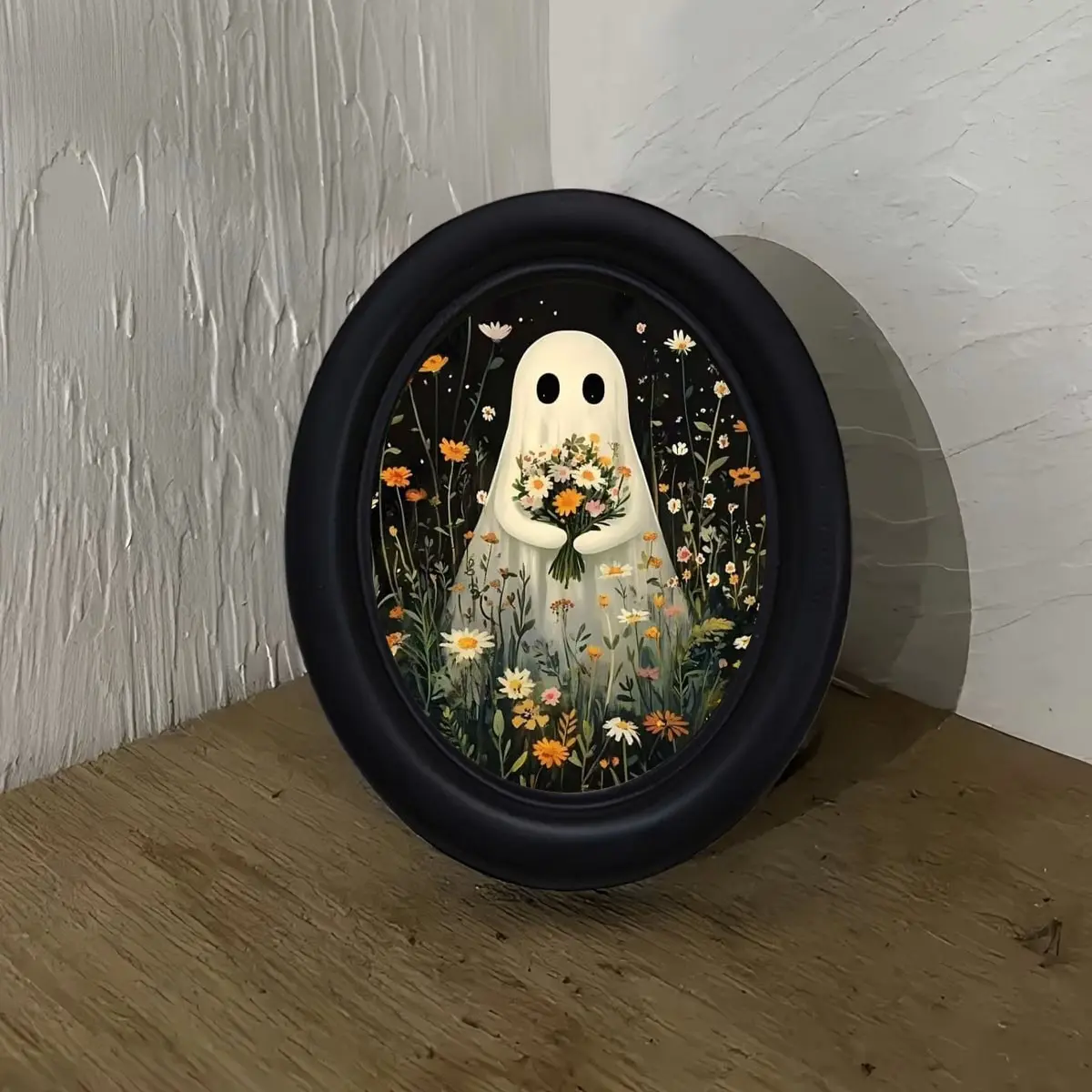 Warm Daisy Wildflower Bouquet Ghost Pattern Oval Frame, Photo Frames, Halloween Christmas Thanksgiving Home Office Wall Decor, Room Decoration Gift