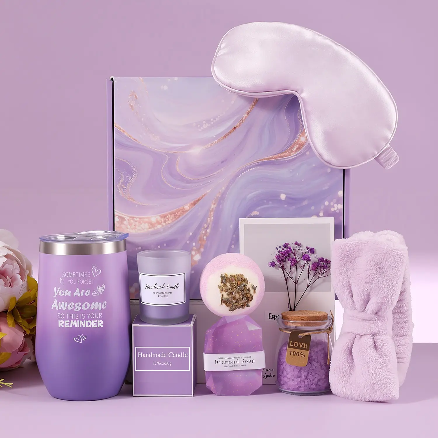 1 Set Purple Gift Box Set, including insulated tumbler, aromatherapy candle, silk sleep eye mask, bath bomb, gemstone soap, bath salt and fluffy headband, Gifting Set, birthday, holiday and party gifts for women