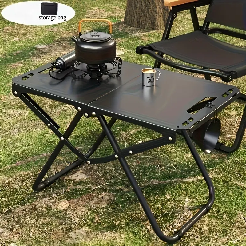 Foldable Light Iron Outdoor Camping Table with Lantern Hanger, Folding Camping Table, Compact Picnic Desk for BBQ Beach Hiking, Equipped with Portable Storage Bag