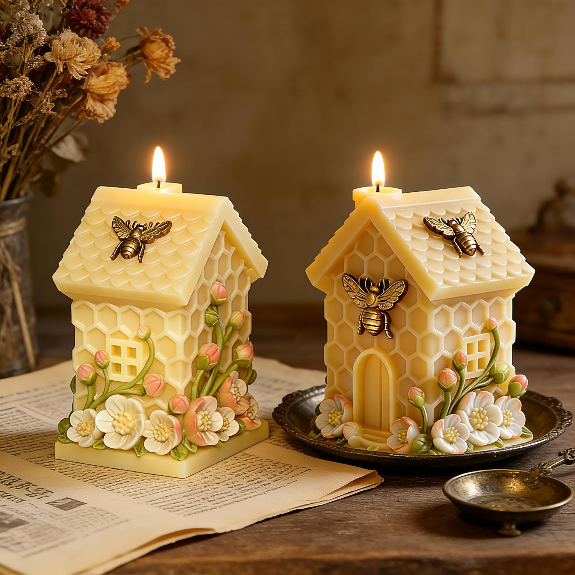 Honeycomb Small House Embossed Flower Candle Mold DIY Honeycomb Hut Shape Multifunctional Aromatherapy Plaster Epoxy Soap Mold Easy To Release Creative Handmade Ornaments