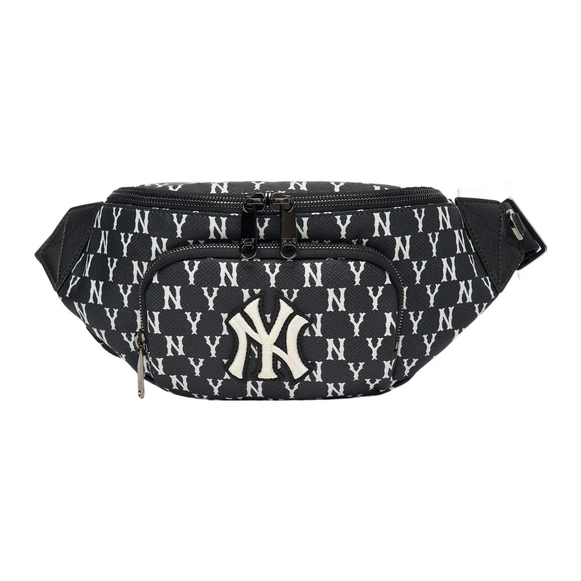MLB Monogram Vintage Floral Print NY Yankees Logo Polyester Crossbody Waist Bag for Men and Women, Black