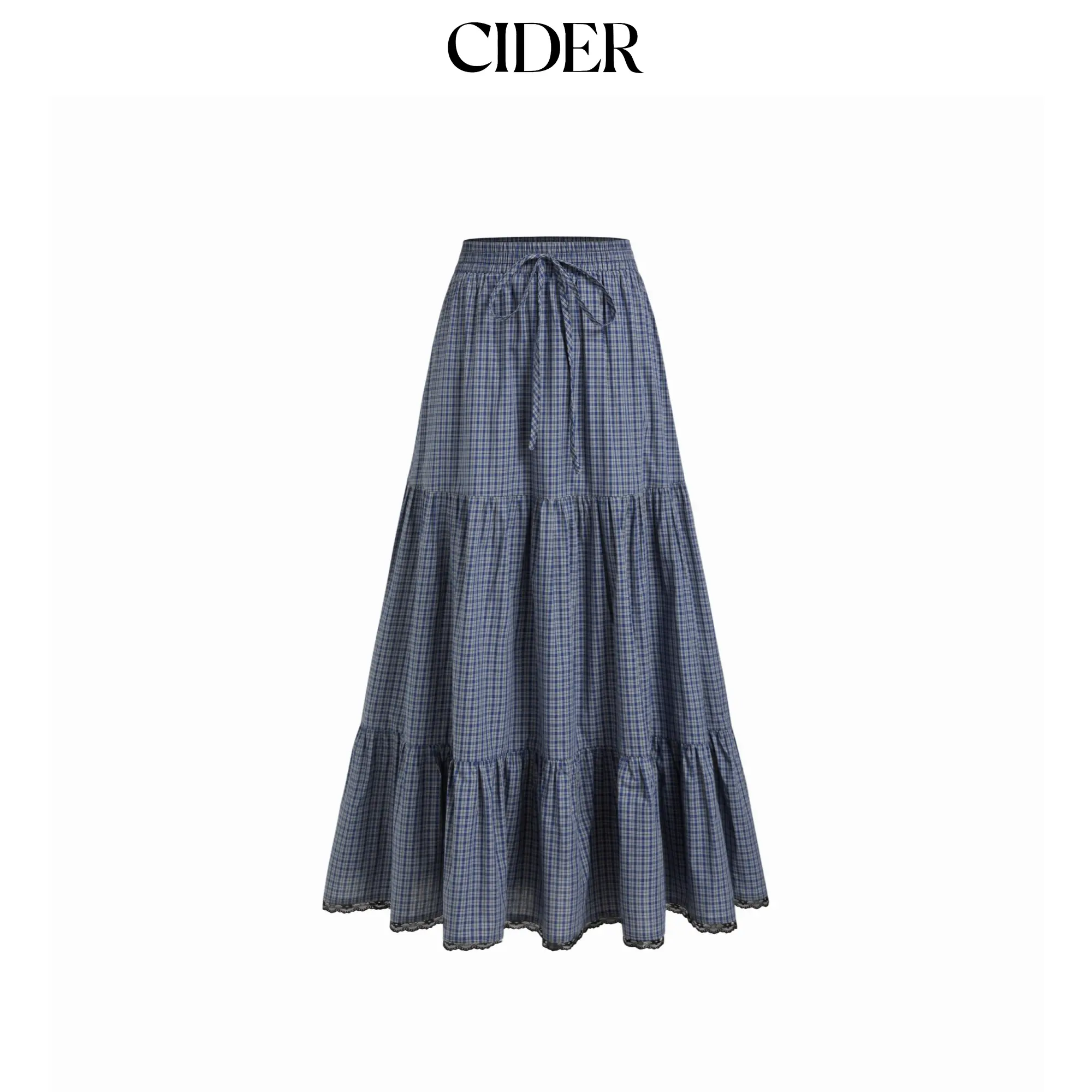 Cider Mid Rise Plaid Lace Trim Drawstring Tiered Maxi Skirt