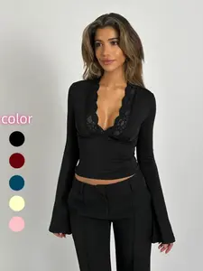 Women's Contrast-Lace Plunge-Neck Flounce-Sleeve Tee, Elegant Long-Sleeve Top for Spring & Fall, Women's Clothes for Daily Wear