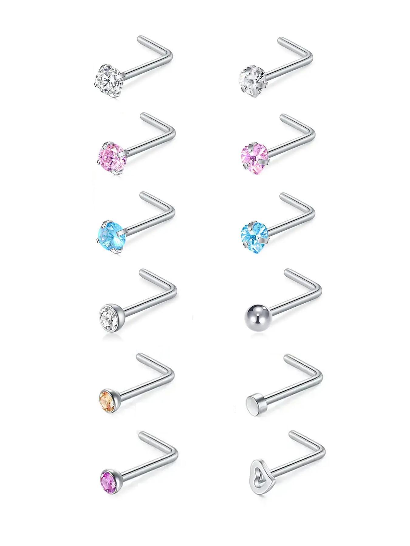 12pcs/set Rhinestone Decor Nose Studs, Stainless Steel Nose Rings, Fashion Body Jewelry for Women & Men