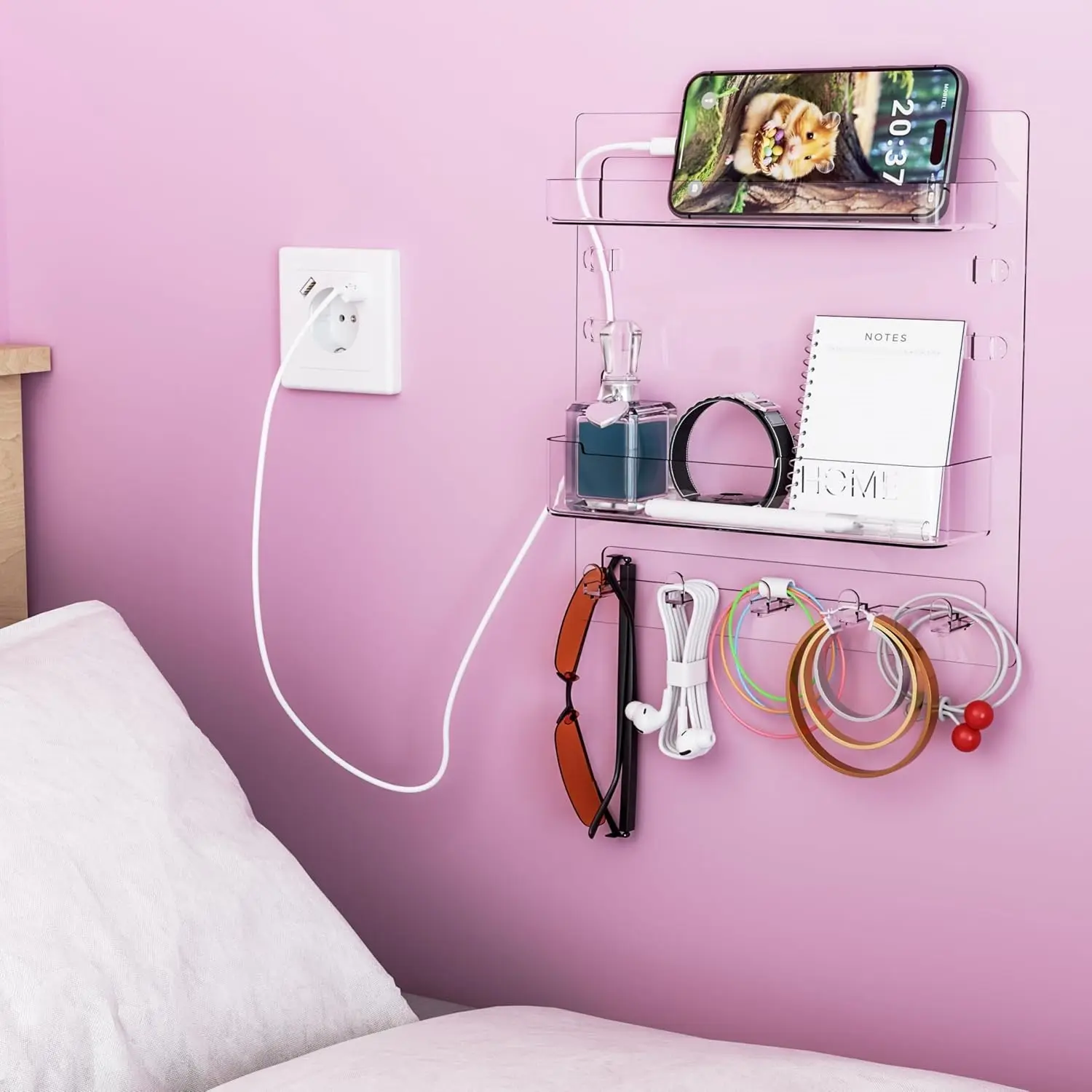 Bedside Wall Organizer for Bedroom,Rv,Small Rooms,Nightstand and Bedside Wall Shelf for Earphone,Glasses,Remote Control,Phone Charging Shelf,Dorm Decor for College Girls and Teen Girl,Clear