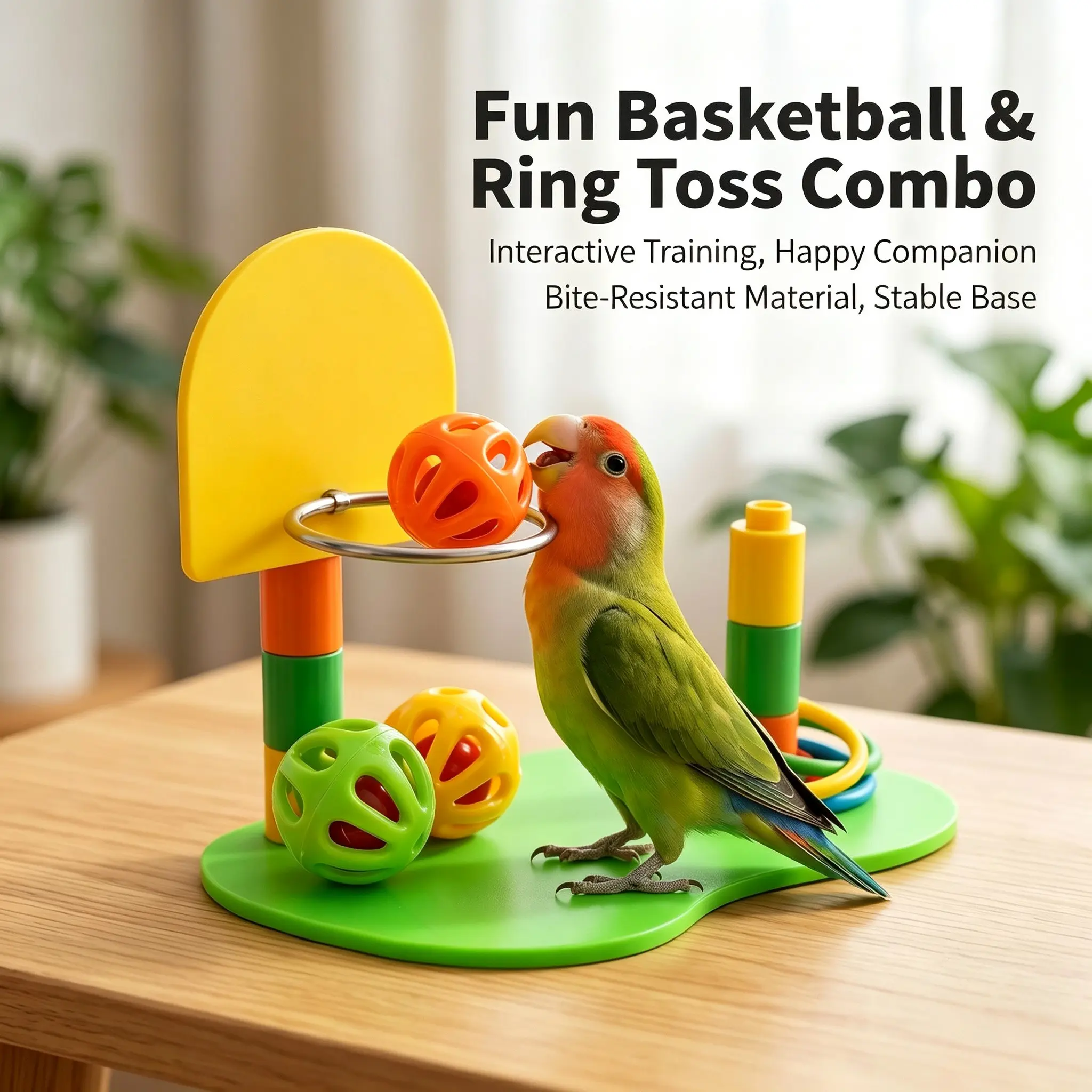 Parrot Basketball Hoop & Ring Toss Interactive Training Toy | 2-in-1 Bird Enrichment Toy (Basketball Shooting + Ring Toss) | Suitable for Budgies, Cockatiels, Lovebirds and Other Small to Medium Pet Birds | Interactive Training Cage Accessory