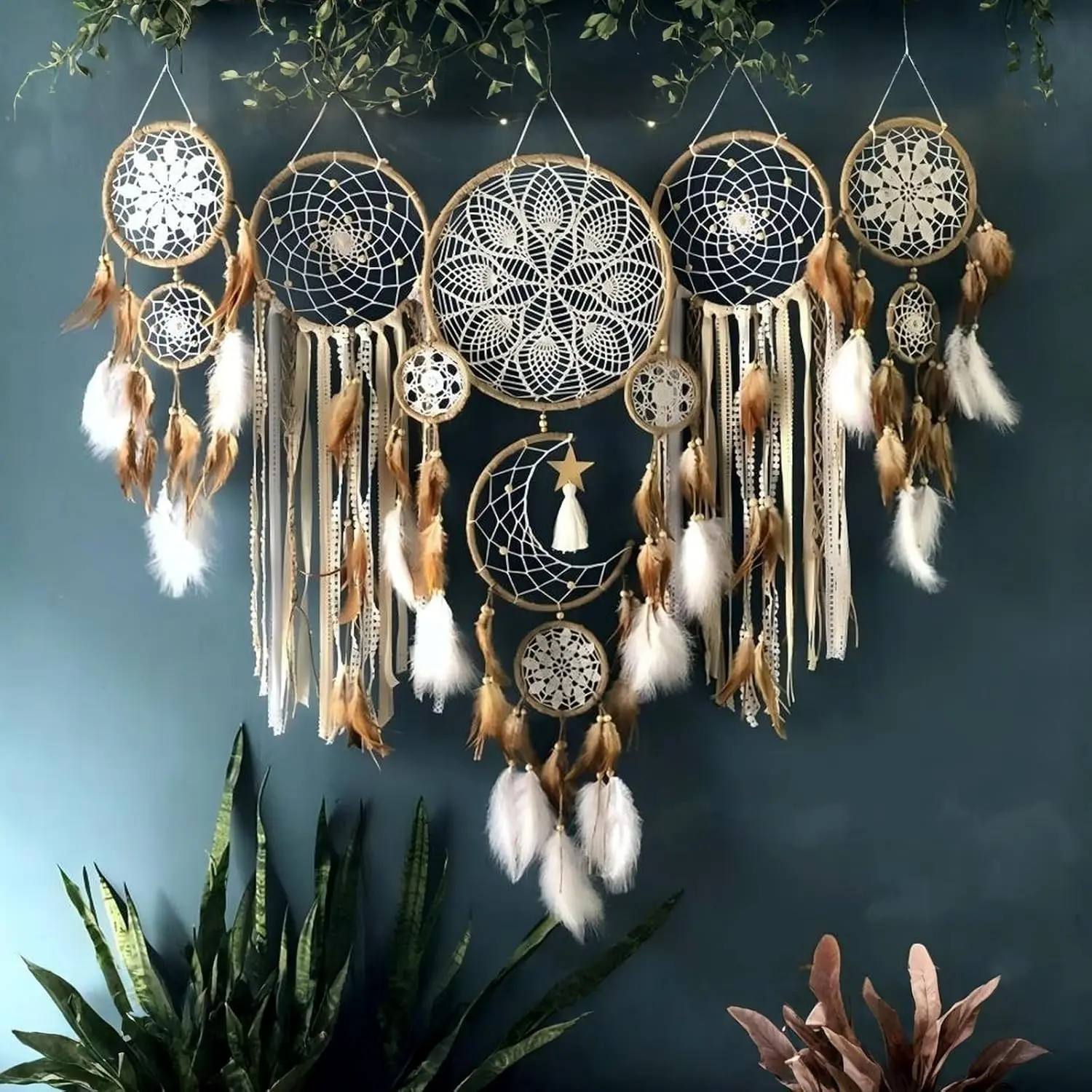 5 Pack Bohemian Ornaments,Dreamcatcher Gift Boho Native American Decor, Handmade Dreamcatcher for Girls, Boys, Adults, Kids Room,Witchy Gifts (Camel)