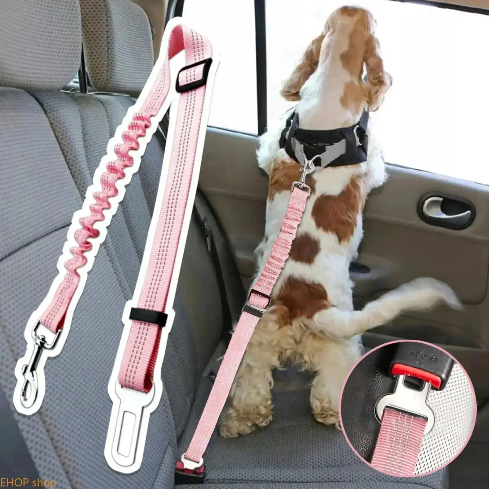 Adjustable Reflective Elastic Plain Bungee Pet Car Seat Belt Leash - Shock-Absorbing Safety Restraint for Dogs - Universal Travel Car Accessory
