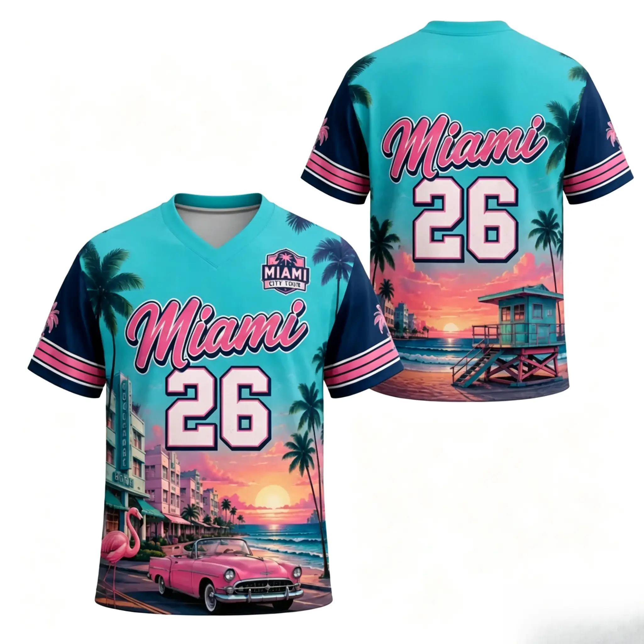 Miami Beach Scenery Graphic Short Sleeve Football T-shirt, V Neck Pink Contrast Trim Casual Outfit, Game Day Sports Fan Streetwear Gift#TikTokMadeMeBuyIt#MiamiFootballTee#StadiumFanVibes#Tropical Coast Print#MatchDailyFit#AthleticStreetWear, Sporty Chic,,