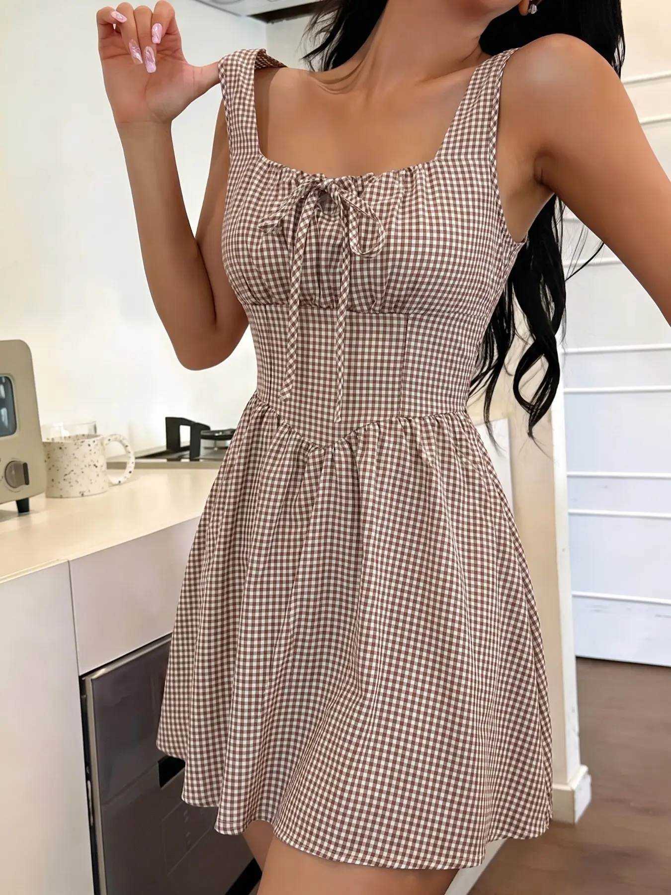 Women's Vintage Plaid Square Neck Tie Waist A-Line Summer Short Dress, Sweet Youthful Wide Shoulder Strappy Plaid Slimming Home Date Dress, Casual Aesthetic Chic