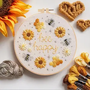 Happy Bee DIY Embroidery Kit for Beginners, Stitching Set with Materials, English Guide & Floral Art Supplies, Handmade Needlework Craft for Kids (Sports & Outdoor, Fan Shop, Gaming Conventions), Flowers