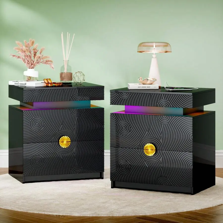 Gurexl Set of 2 Modern Sleek Black LED Smart Rectangle Nightstands - MDF Wood Indoor Furniture Bedside Tables with Smart Lights, Lockable Hidden Drawer, Dual Port Charging Station, Motion Sensor, Metal Rails, Set Of Two