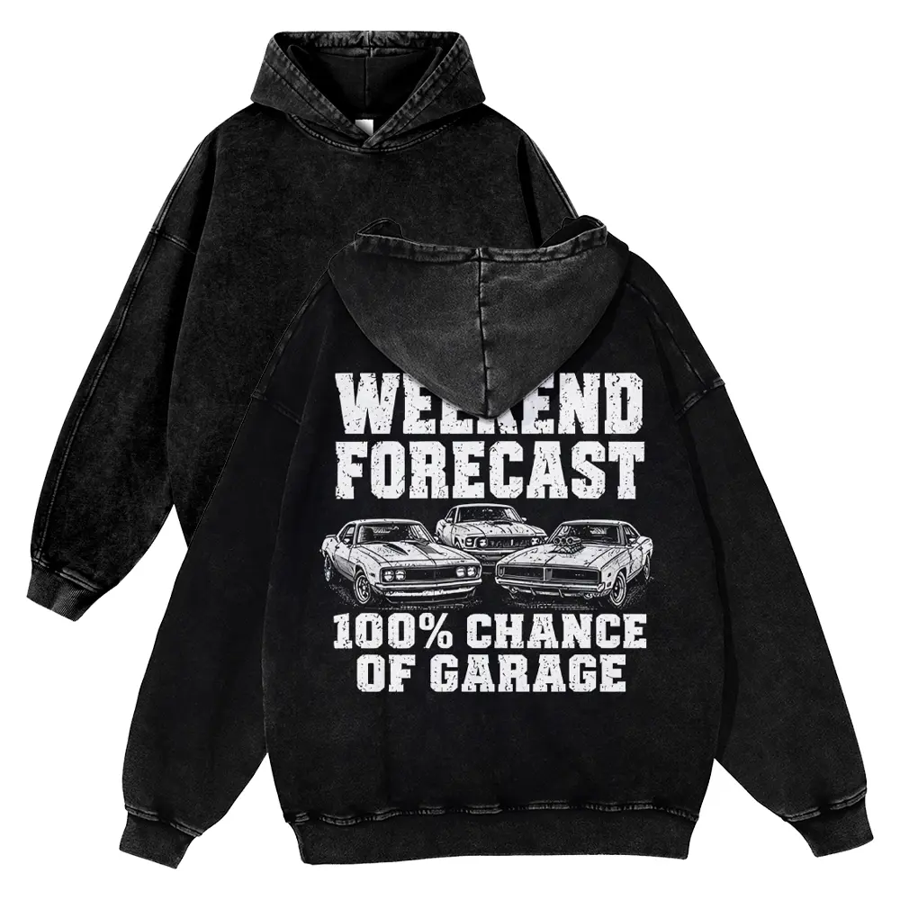 Vintage Mineral Wash Grey Graphic Hoodie | Unisex Oversized "Weekend Forecast 100% Chance of Garage" Streetwear Pullover | Funny Car Guy Gift Muscle Car Sweatshirt Y2K Aesthetic
