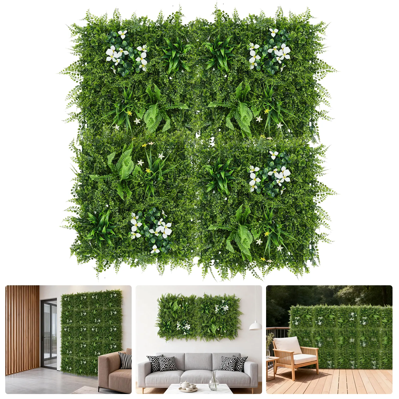 Decorative Nature Artificial Grass Wall Panels - Lush Privacy Greenery, Interlinked Faux Plant Trellis with Realistic Foliage for Outdoor Fence, Patio - 4 Pack, 50x50CM Each (Indoor/Outdoor Decor Compatible)