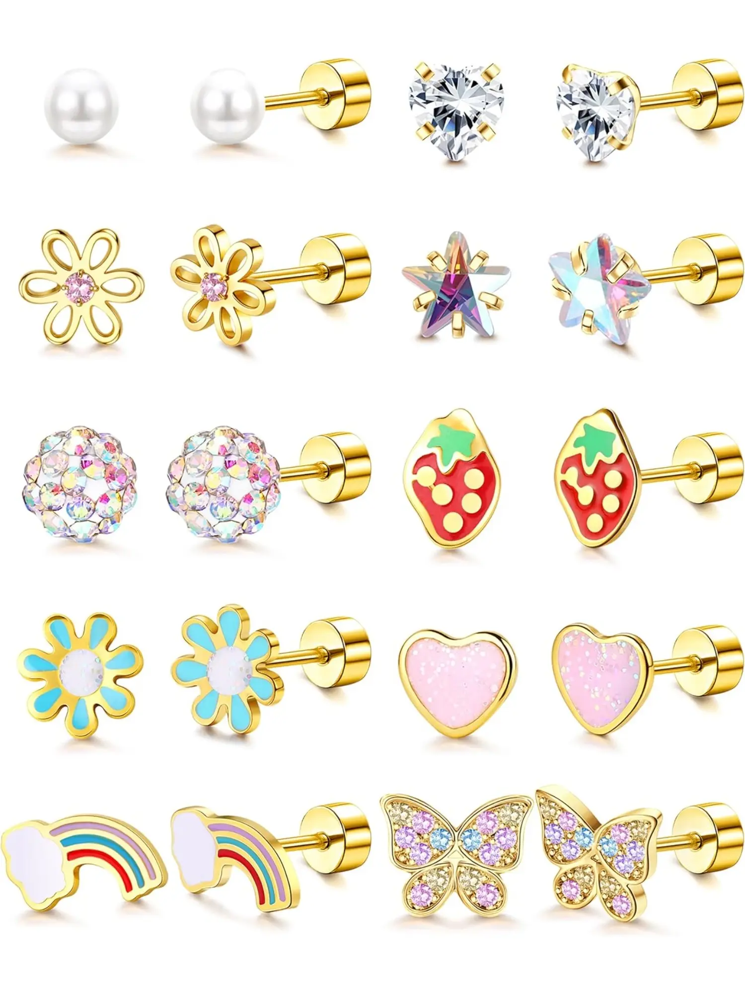 Hypoallergenic Flat Back Earrings for Girls Kids Toddler Women 10 Pair Earring Set Surgical Stainless Steel Screw Back Stud Earrings for Sensitive Ears Cute Flower Butterfly Stud Earring Screwback Girl Earrings Toddler Jewelry age：over 4 years old