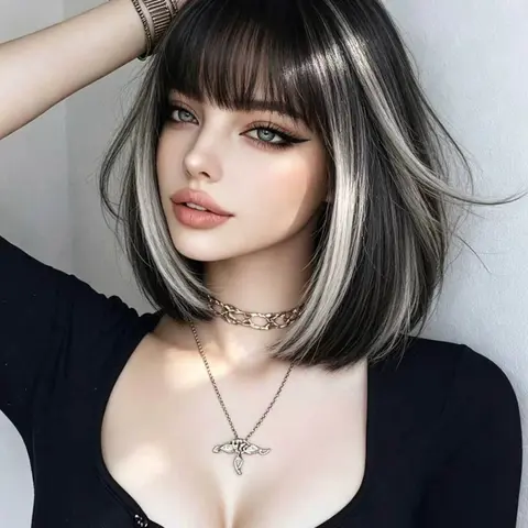 10-Inch Base Highlights, Straight Synthetic Hair with Bangs, Adjustable Mesh, Women's Daily & Halloween Party Wig, Straight Cut Bangs