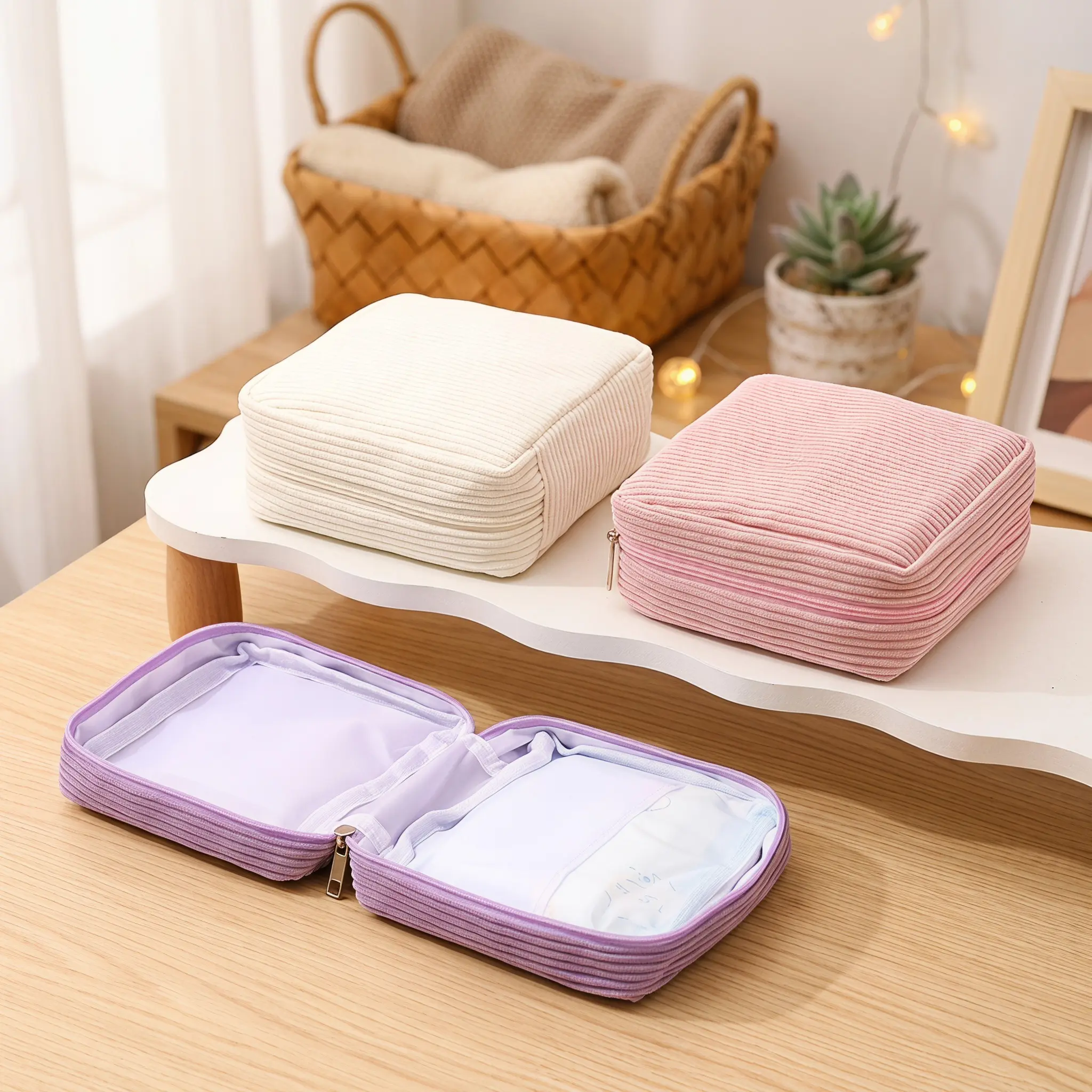 2 PCS Portable Sanitary Pad Storage Organiser (White+Pink), Large Capacity, Striped Design, Casual Style, Travel Ready, All Seasons Home Organizer Bag-YY1