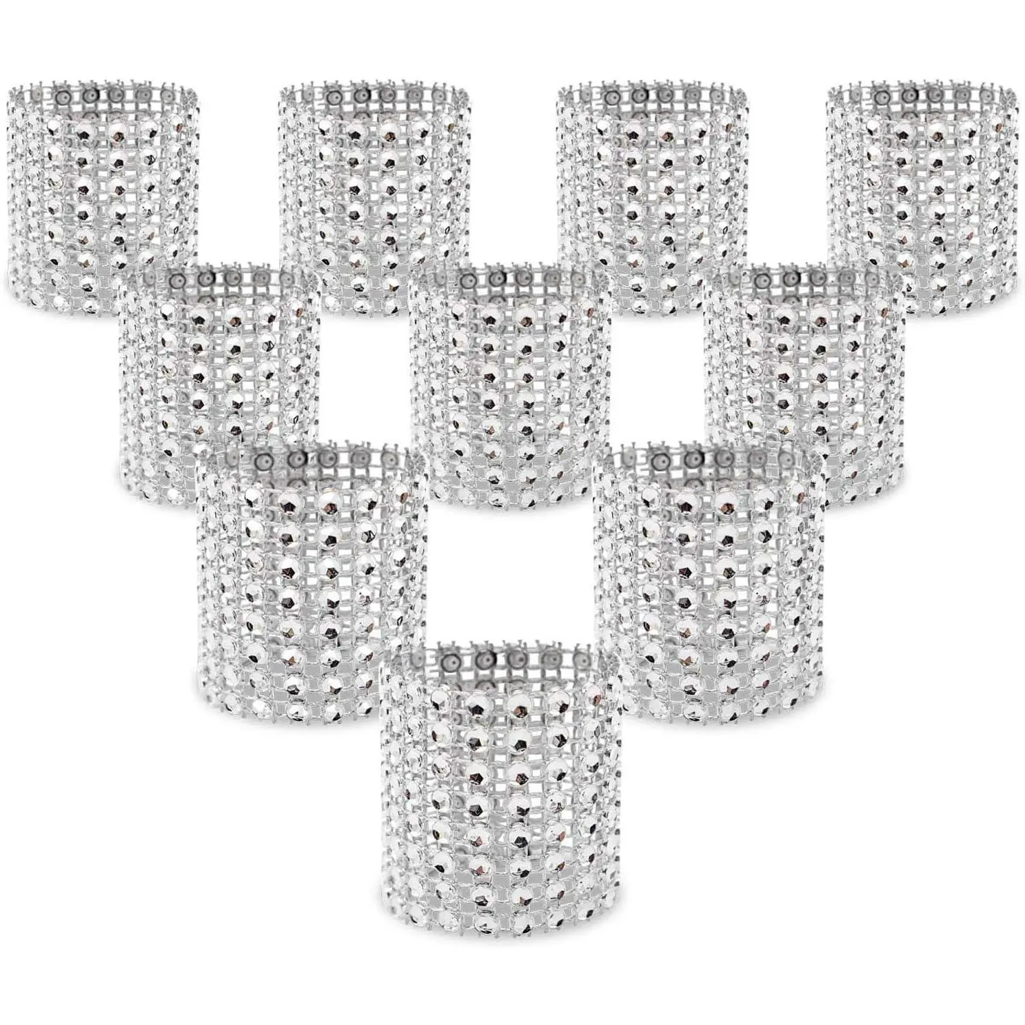 Plastic Sparkle Beads Rhinestone Napkin Rings - 120-Pack Silver Party Supplies, 5x1.6 in (13x4 cm) Velcro Fasten DIY Decor for Wedding Receptions, Disposable Sturdy Pet Place Settings