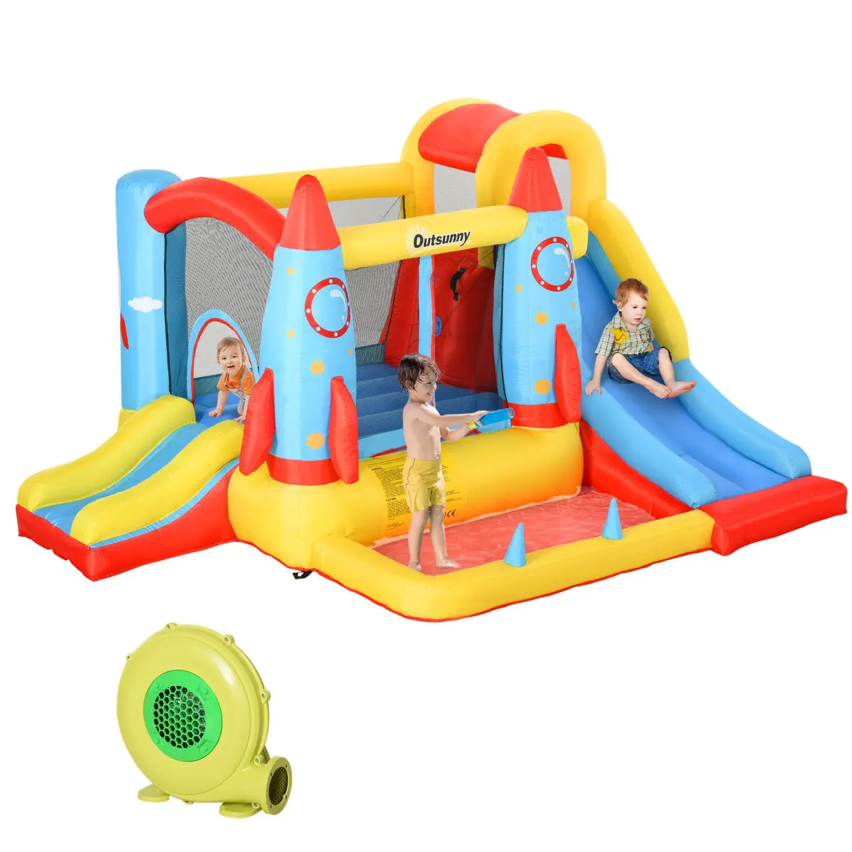 Outsunny Ergonomic Kids Inflatable Water Slide, 4-In-1 Bounce House Jumping Castle With 2 Slides, Climbing Wall, Trampoline, Water Pool Area, & Included Air Blower, Inflatable Playground, Fun Water Playset