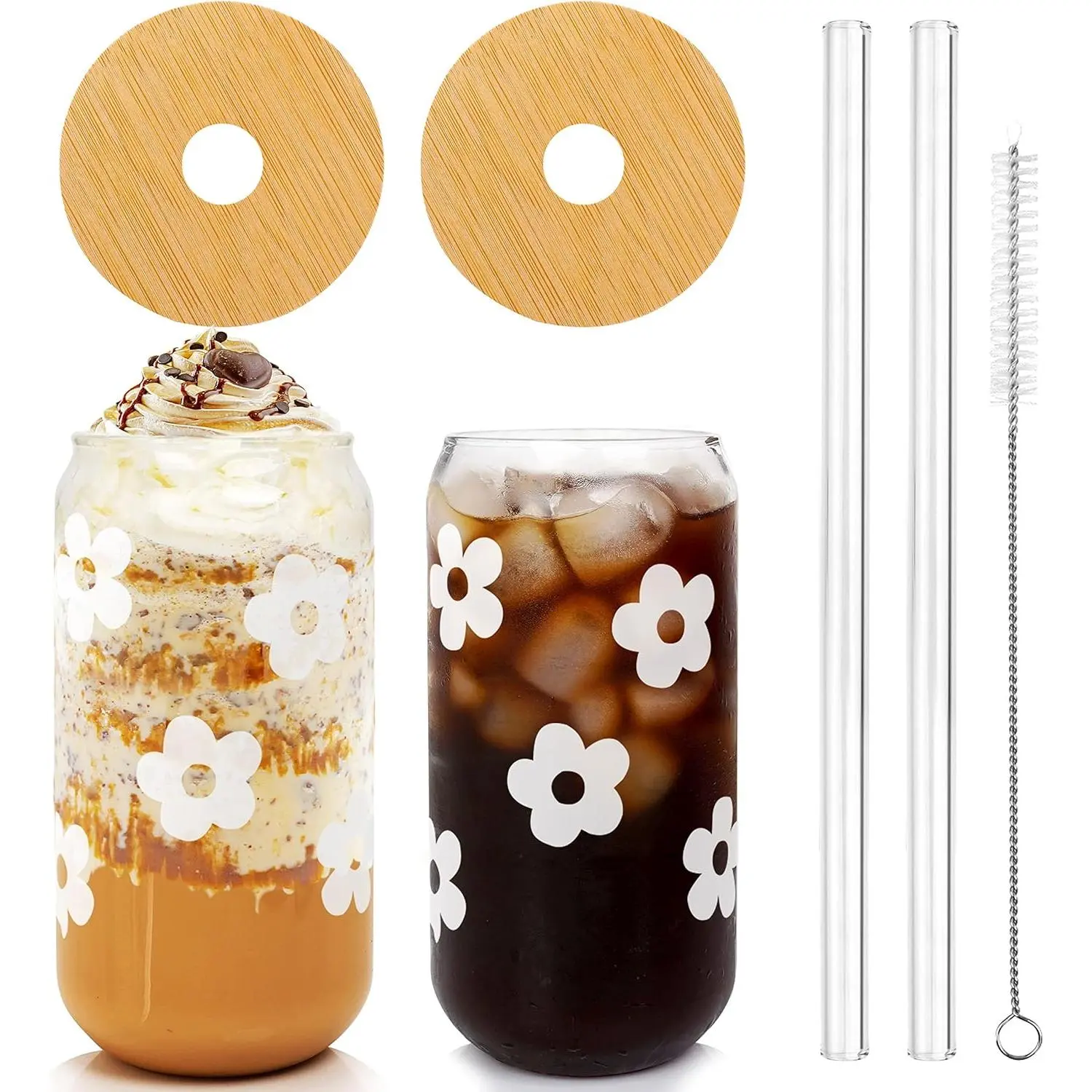 Glass Cups with  and Straws, 18OZ Iced Coffee Cups-Set of 2 |  Can Shaped Glass Coffee Cups, Smoothie Cups, Glass coffee tumbler, Cute Glass Cups