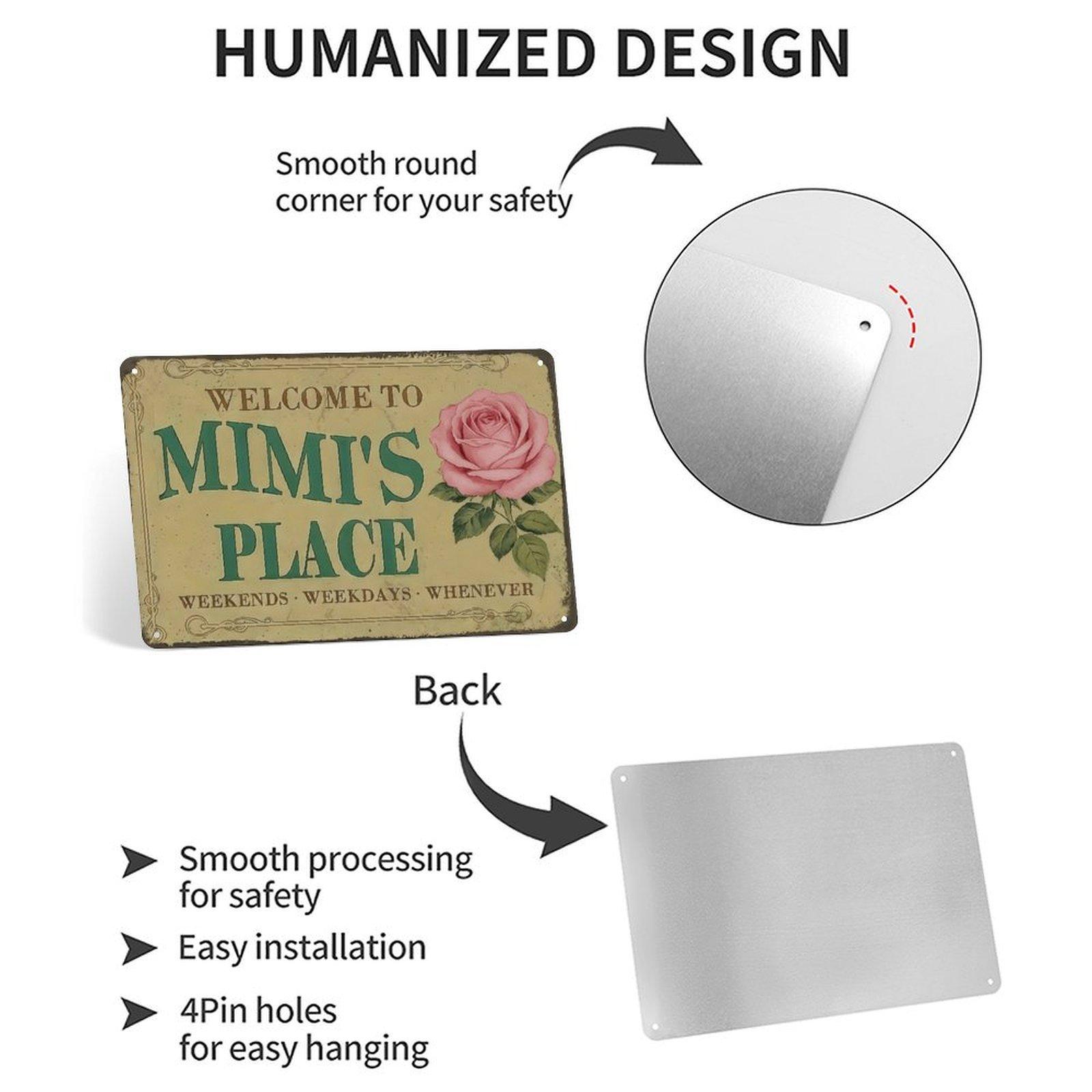 2D Flat, Metal Wall Art Sign Hanging Plaque - Mimi'S Place Rose Welcome Funny Wall Decor Retro Metal Sign Poster for Garage Man Cave Bathroom Bedroom Farm Inspirational Popular Wall Art 8x12 Inch Signs Posters