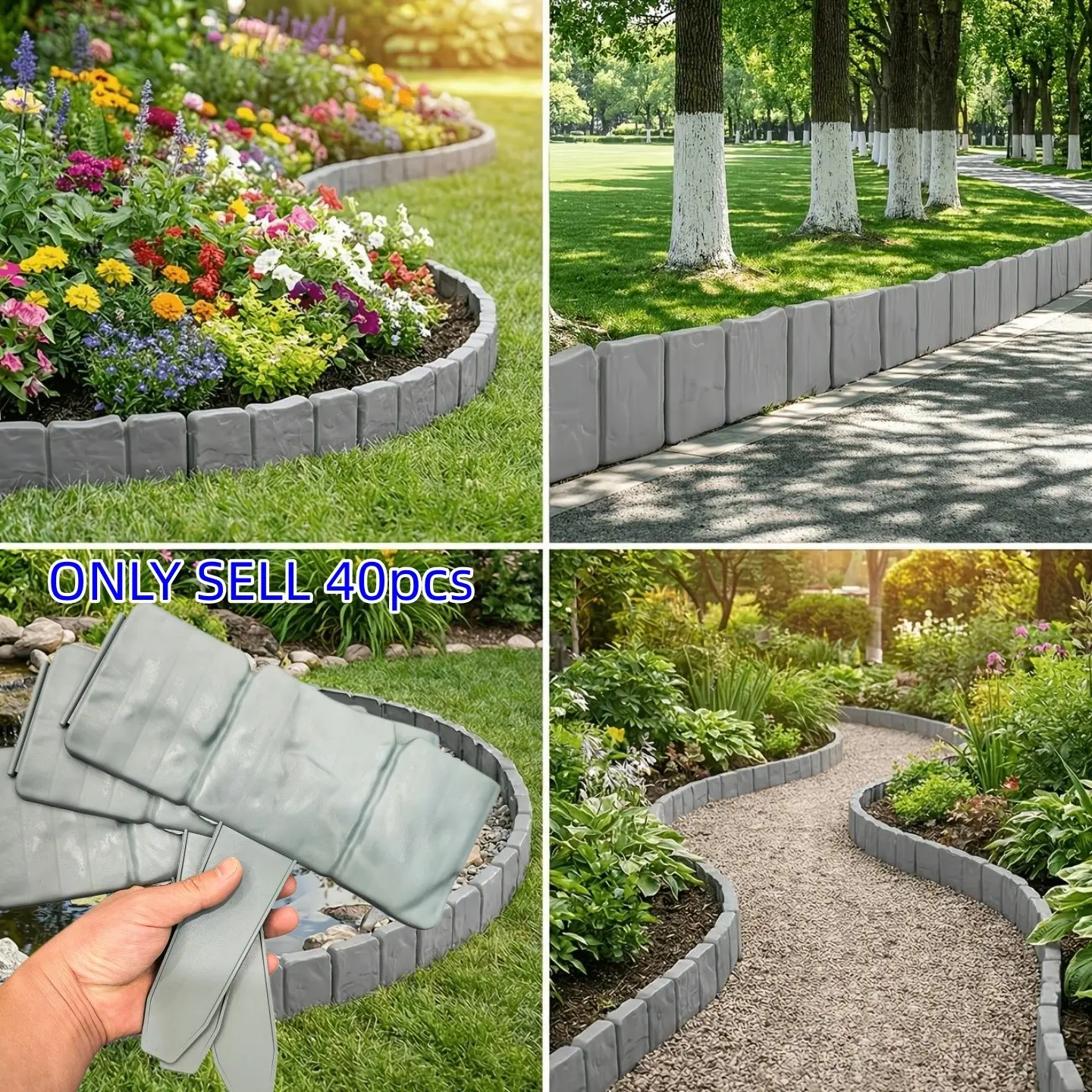 40 Pieces Plastic Garden Border Fence, Interlocking Stone Effect, Decorative Garden Fence, Mini Fence for Flower Beds, Lawn, Patio Decor, Garden Edge Decoration
