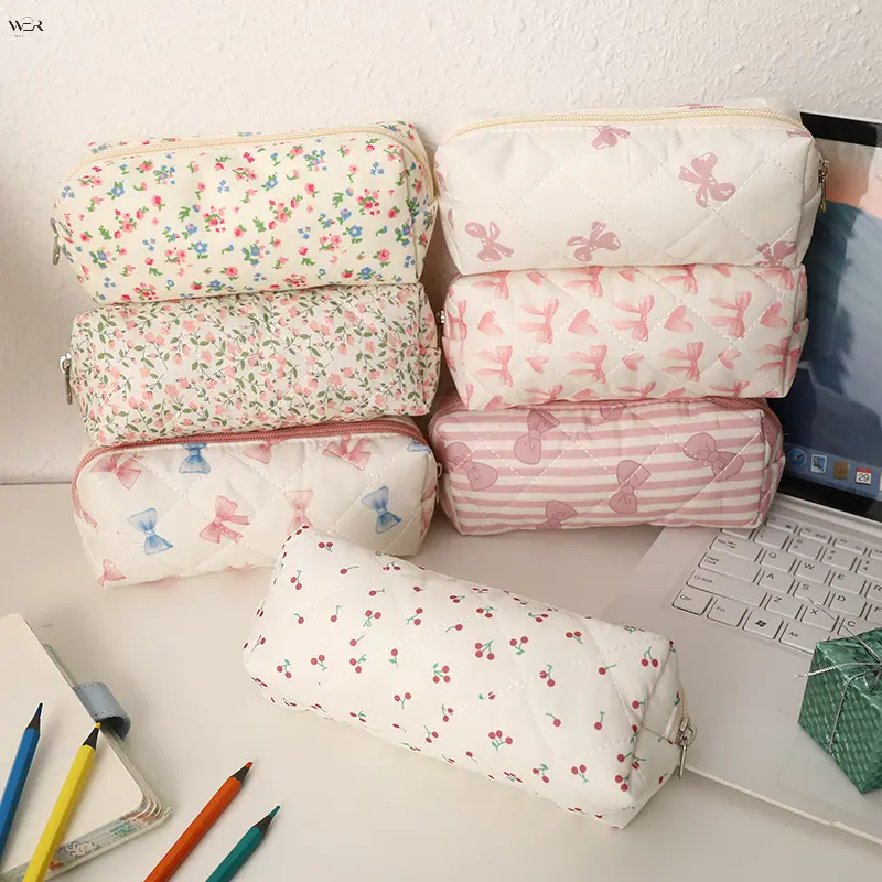 Cute Quilted Pencil Case, Sweet Bow Floral Cherry Print Zipper Pen Pouch, Large Capacity Fabric Stationery Bag for Girls Teens Students, 7 Patterns Available