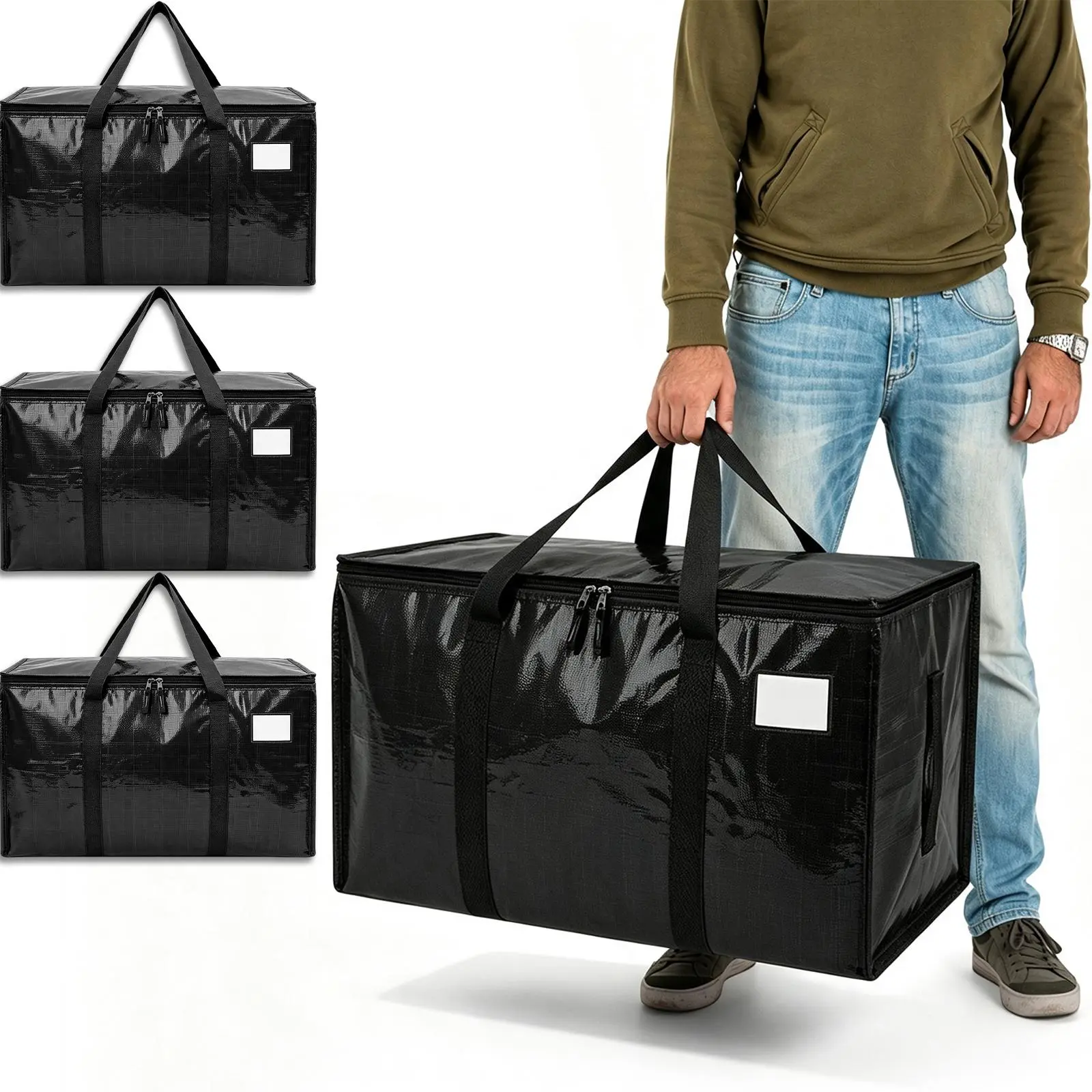 4 Pack Large Heavy Duty Waterproof Moving Storage Totes, Foldable Bags with Handles & Zippers, Black for Dorm & Home Storage