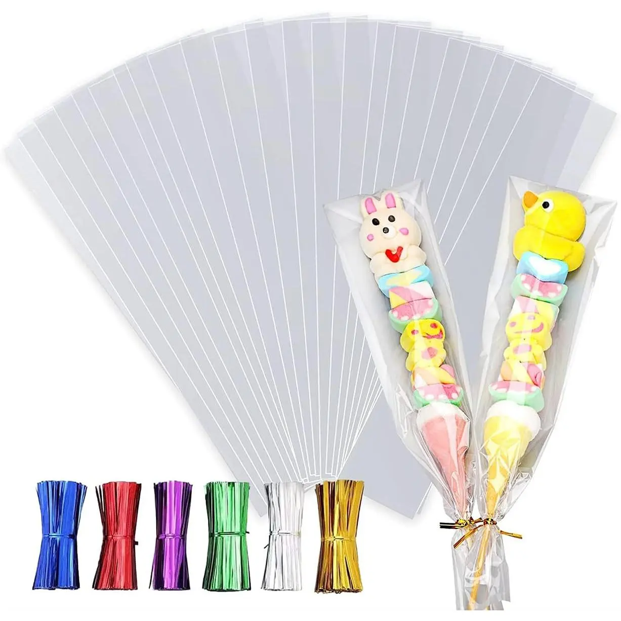 100 count Cellophane  Bags 2 X 10 Clear Long Flat  Wrap Cellophane Bags with 6 Mix Colors Twist Ties Cello Goodie  Bags Bakery Party favor Packaging
