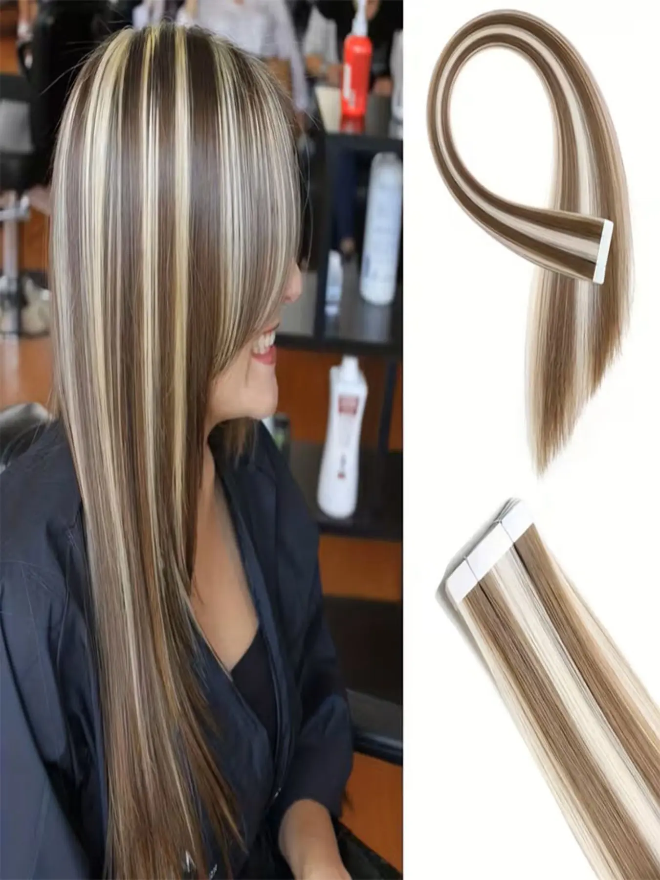 P8/60 20-Inch Invisible Tape Hair Extensions, Seamless Straight Hair Pieces, 10 Set, 25g, Synthetic Fiber, Women's Daily Wear