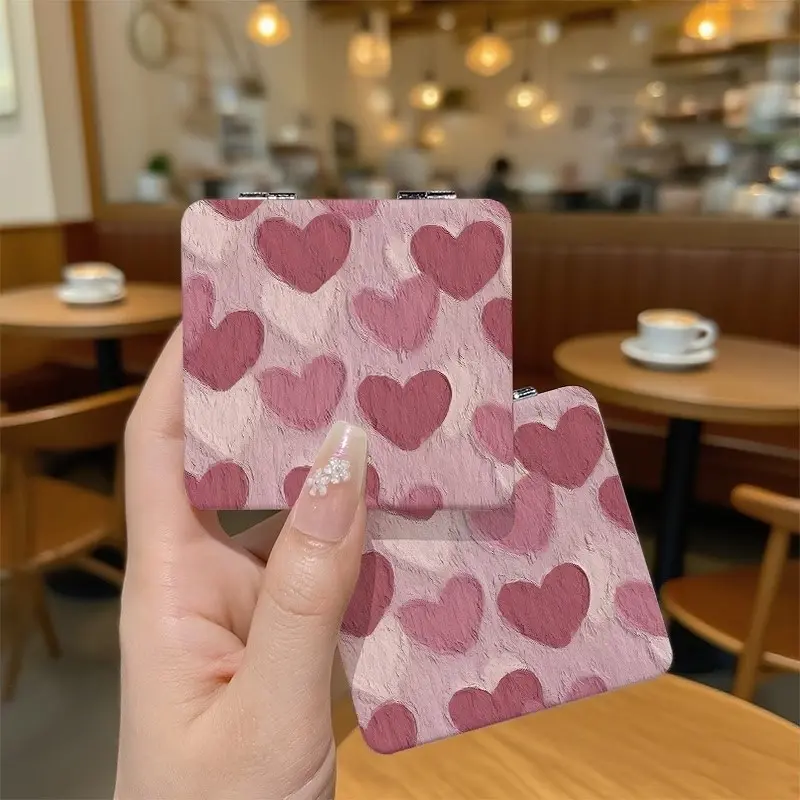 Portable Folding Mirror, Heart Makeup Mirror, Flip Up Mirror, Marble Texture, Battery-Free, Ideal for Travel, School, Home, Gift for Women and Teens