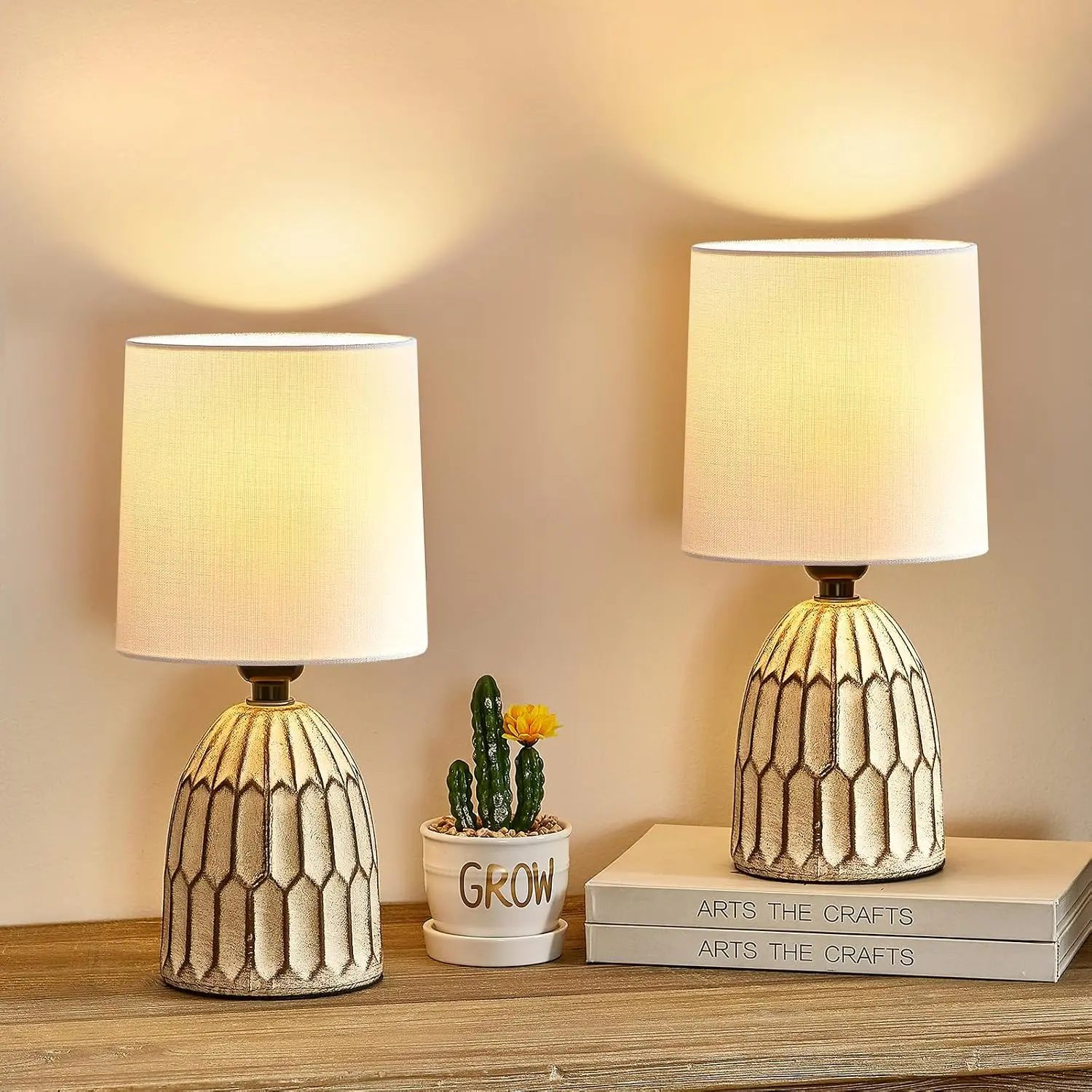 Table Lamps Set of 2-13.5" Small Boho Lamp - Bedside Lamps - Farmhouse Rustic Ceramic Table Lamp for Bedroom, Living Room, Nightstand, Office, Side Desk Lamp, End Table Lamp