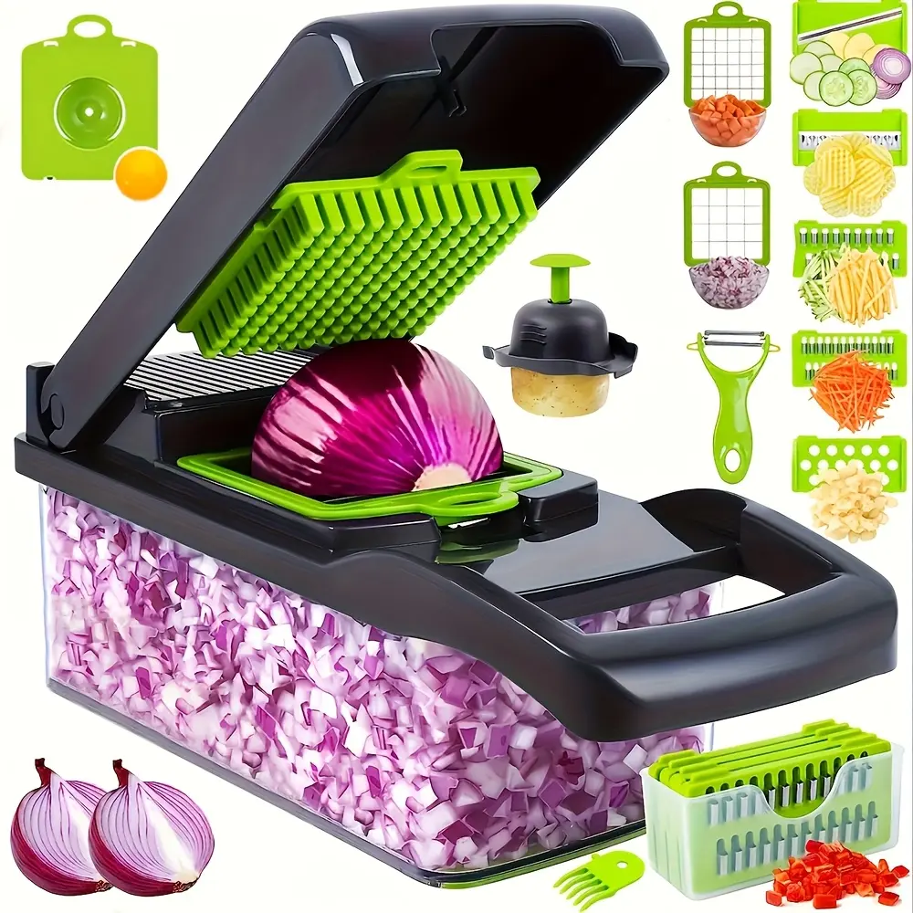 Multifunctional 16-in-1 Food Chopper: Vegetable Chopper, Onion Chopper, Slicer, and Dicer—Includes 8 Blades, Colander Basket, and Container (Ideal for Salads, Potatoes, Carrots, Garlic)
