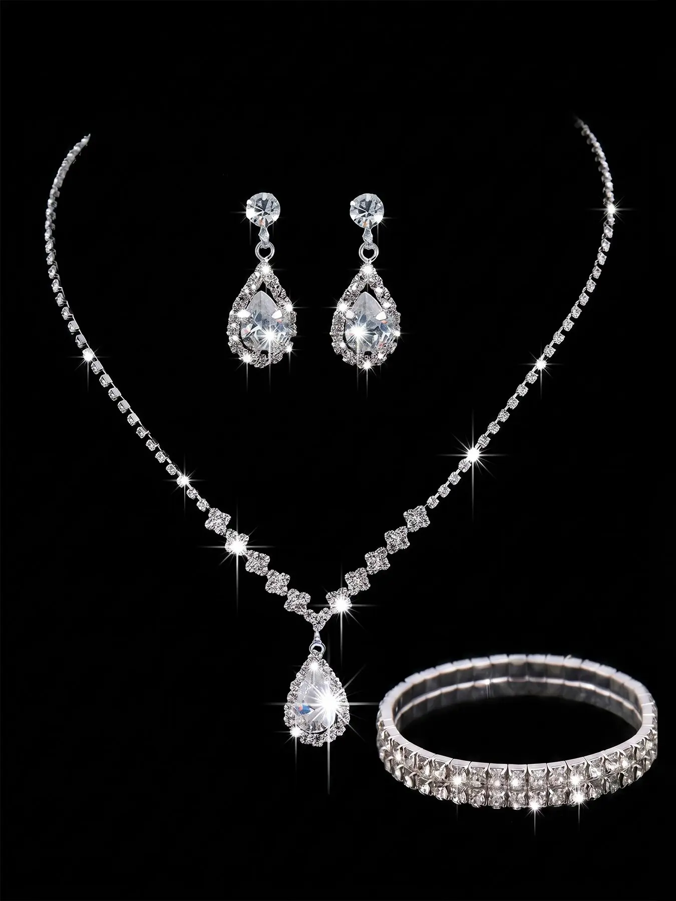 3Pcs Rhinestone Bridal Jewelry Set for Women, Rhinestone V-Shaped Tennis Necklace Halo Teardrop Earrings 3-Row Stretch Bracelet Pack, Prom Wedding Guest Evening Party Accessories