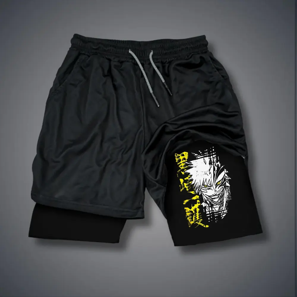 [Vtg90s] Anime 80s 90s Double-Layer Sports Shorts Graphic Shorts Black Camo Streetwear Shorts Men Outfits Men Vacation Outfits Shorts