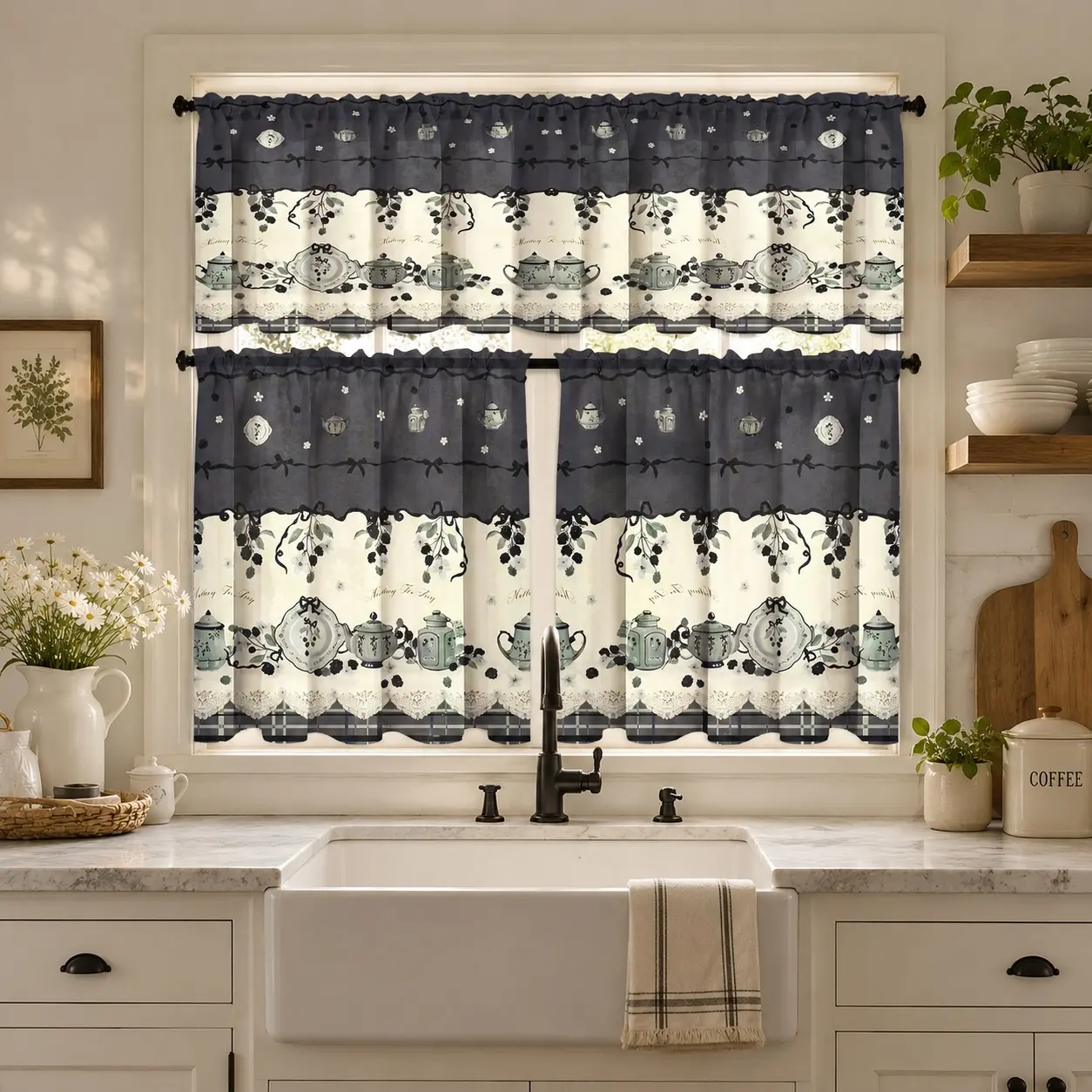 3-Piece Kitchen Curtain Set - Polyester Black and White Tea Inspired Rod Pocket Valance & Cafe Curtains, Washable Small Window Drapes for Kitchen Rental Decor