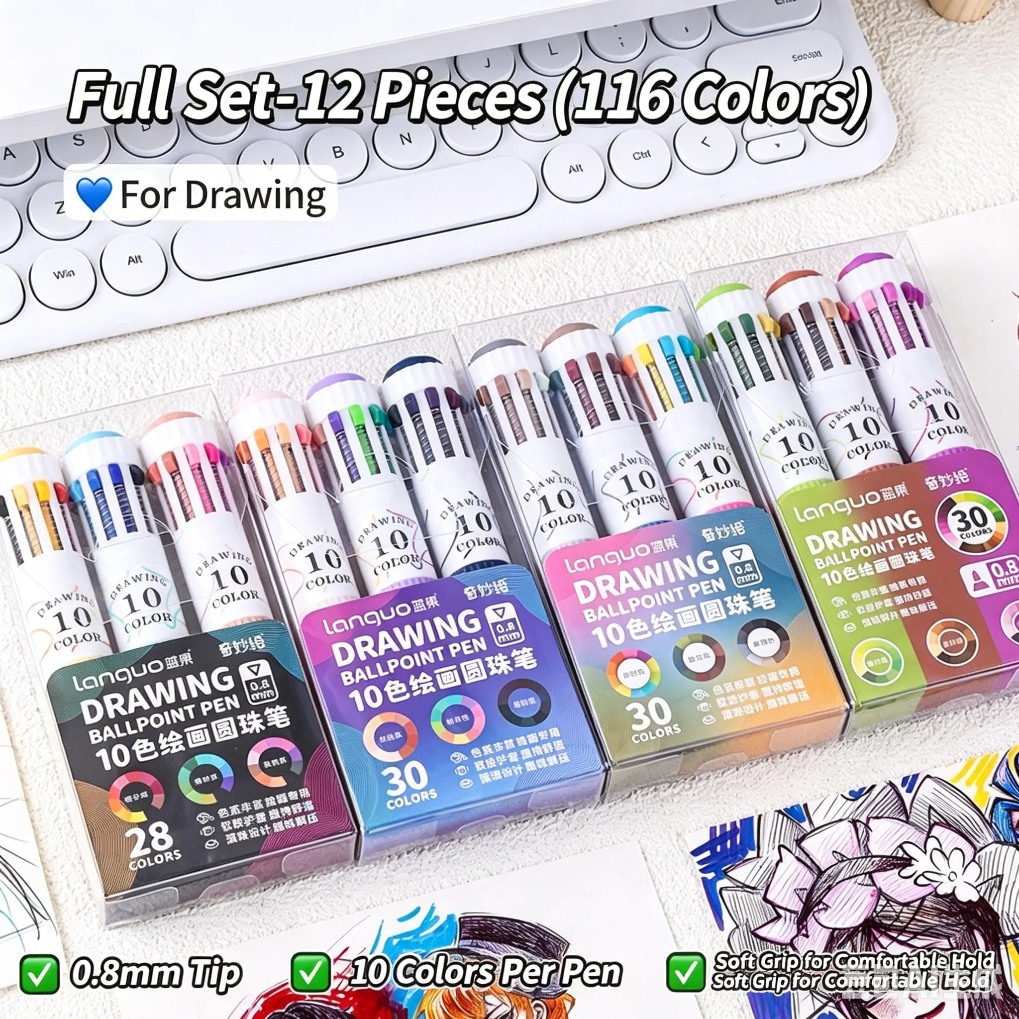 12 Pack Multi-Color Drawing Ballpoint Pens, 116 Colors Total, Fine Tip Retractable Art Pens for Sketching & Journaling & Paint