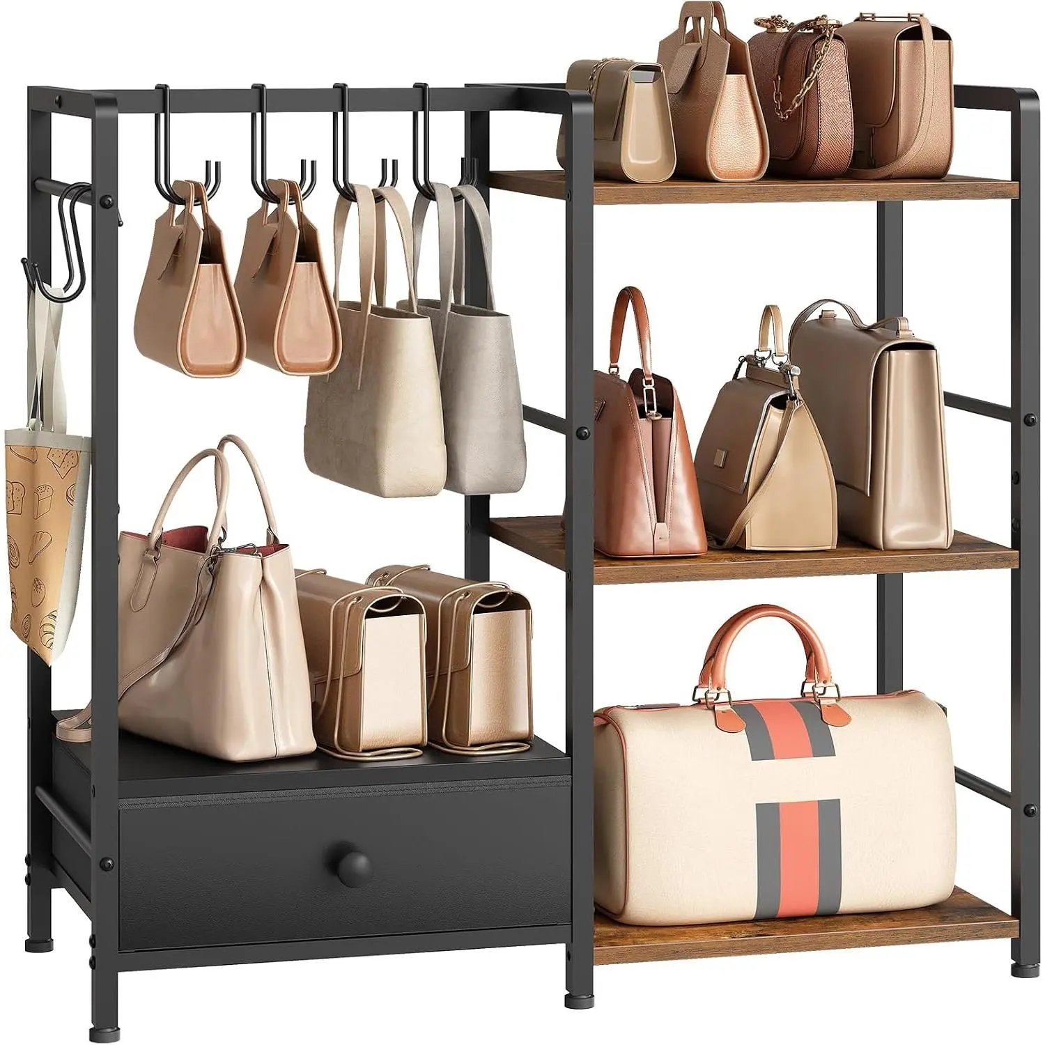 Purse Organizer Rack for Closet, 3-Tier Handbag Storage Stand with Hooks & Drawer, Large Capacity Bag Organizer for Bedroom, Space-Saving Purse Holder for Women, Black and Rustic Brown BF28CJ01