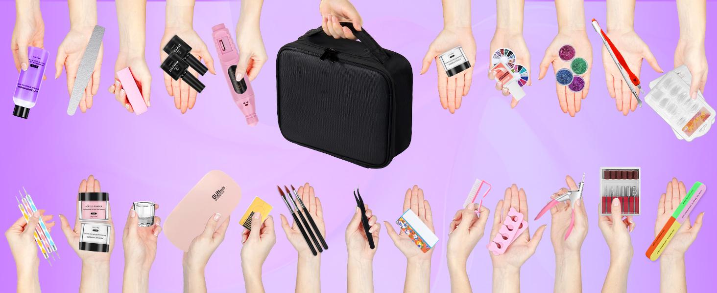 Quaferen Professional Acrylic Nail Kit for Beginners - 42 Colors Glitter Powder, Liquid, UV Light, Drill, Practice Finger Nail Bag Organizer Case