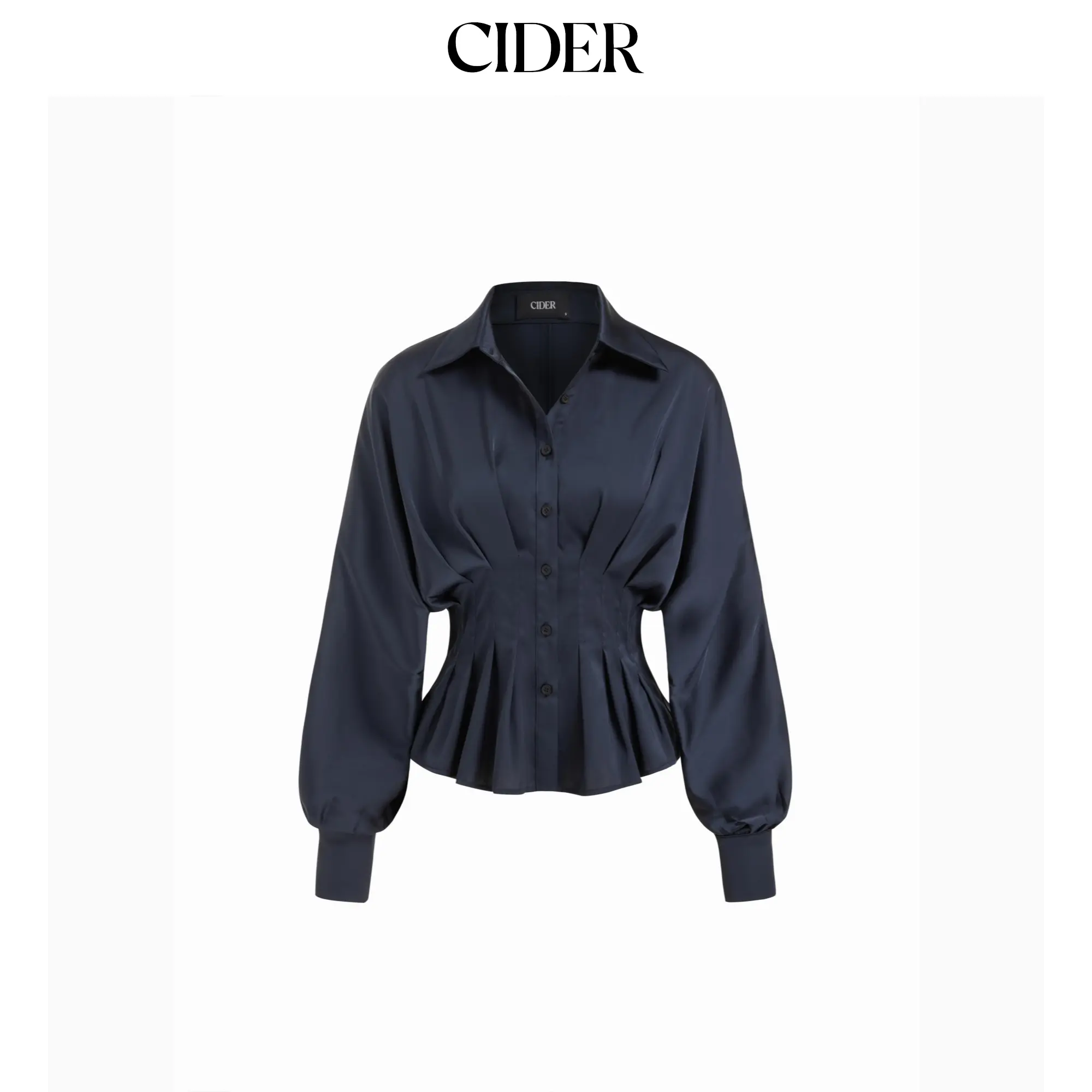 Cider Satin Collar Ruffled Cinched Waist Lantern Sleeve Shirt