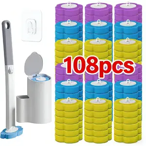 Disposable Toilet Brush Set with 108/54 Replacement Heads, Wall-Mounted or Floor-Mounted Base for Convenient Bathroom Cleaning