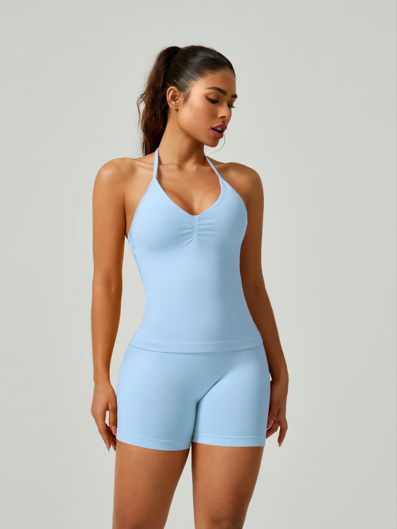 Women's Solid Ruched Design Backless Halter Top & High Waist Shorts Tracksuit Set, Sporty Breathable Comfortable Two-piece Outfits for Yoga Gym Workout Running, Breathable Activewear, High Stretch Activewear