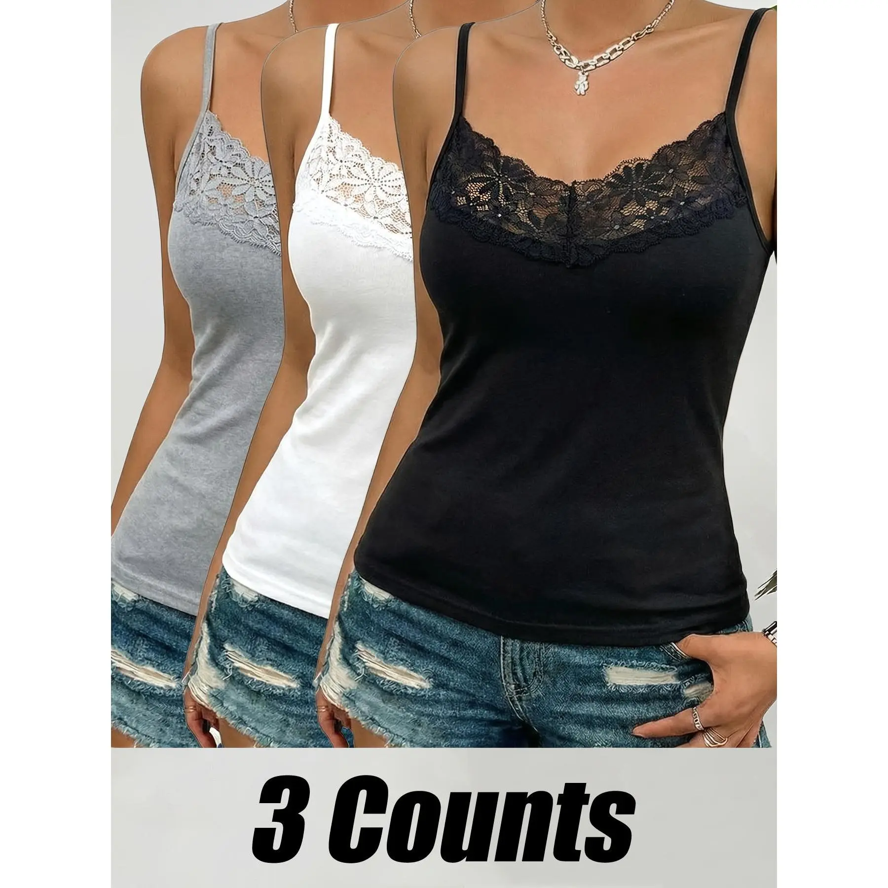 Women's 3-Pack Lace Trim Camisole Tank Tops, Solid Fitted Base Layer, Lightweight Polyester for Casual Daily Wear & Sports, Sleeveless, 3 Counts, Minimalist, Lace Tank Top, Athletic, V-Neck, Stretchable, Multi-Function, High Stretch
