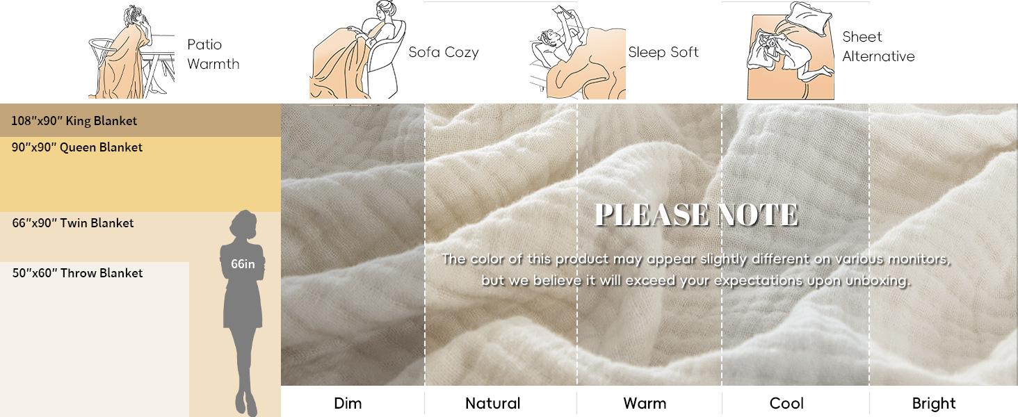PHF 100% Cotton Muslin Blanket Queen Size 90"x90", 4-Layer Lightweight Gauze Throw, Breathable Cloud-Soft Minimalist Blanket for Bed, Couch, Camping & Baby, Grey, Gift