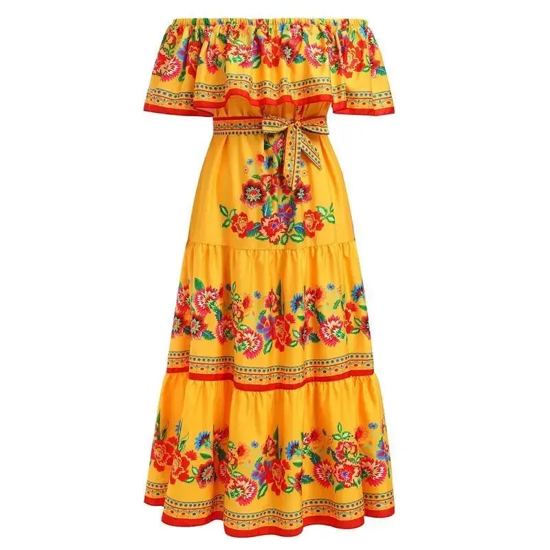 Women Mexican Dress Summer Floral Print Traditional Ethnic Wear Off Shoulder Beach Holiday Party Long Maxi Gowns Bohemian Boho
