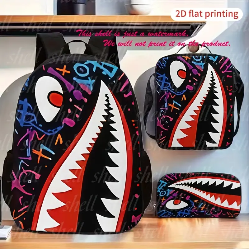 One graffiti shark print backpack (2D flat printing), complete with a pencil case and zippered crossbody bag. A lightweight travel backpack suitable for school, work, travel, and casual business occasions. bookbag