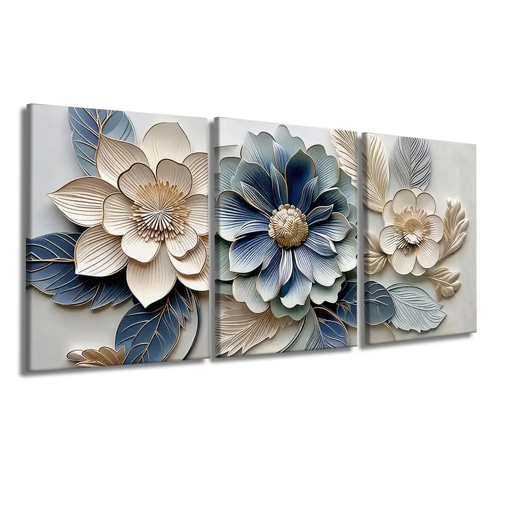 3 Pcs/Set Wooden-Framed Canvas Painting, Blue white gold 3D embossed flower three-panel wall art for living room, bedroom and elegant home entryway decor, Fashion Artistic Ornaments, Artwork