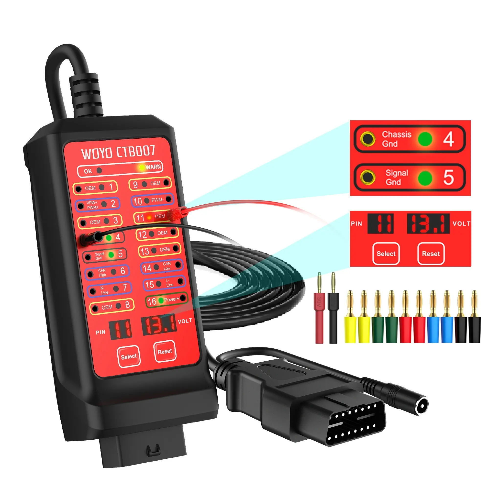 WOYO CTB007 Car OBD2 Breakout Box, Digital LED Display VPP Voltage of DLC PINs, 27inch/59inch OBD2 Extension Cable, 12V-24v Power Interface, Ideal for Repair Shops and Ecu Testing