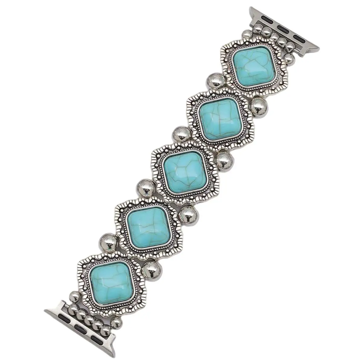 Vintage Bohemian Style Band, Silver Color Engraved Turquoise Beaded Stretch Strap, Fits Apple Watch Se S10-S3, 38-49mm Sizes, Smartwatch Replacement Straps